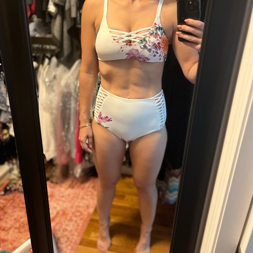 White Floral High Waisted Bikini - Brand Unknown